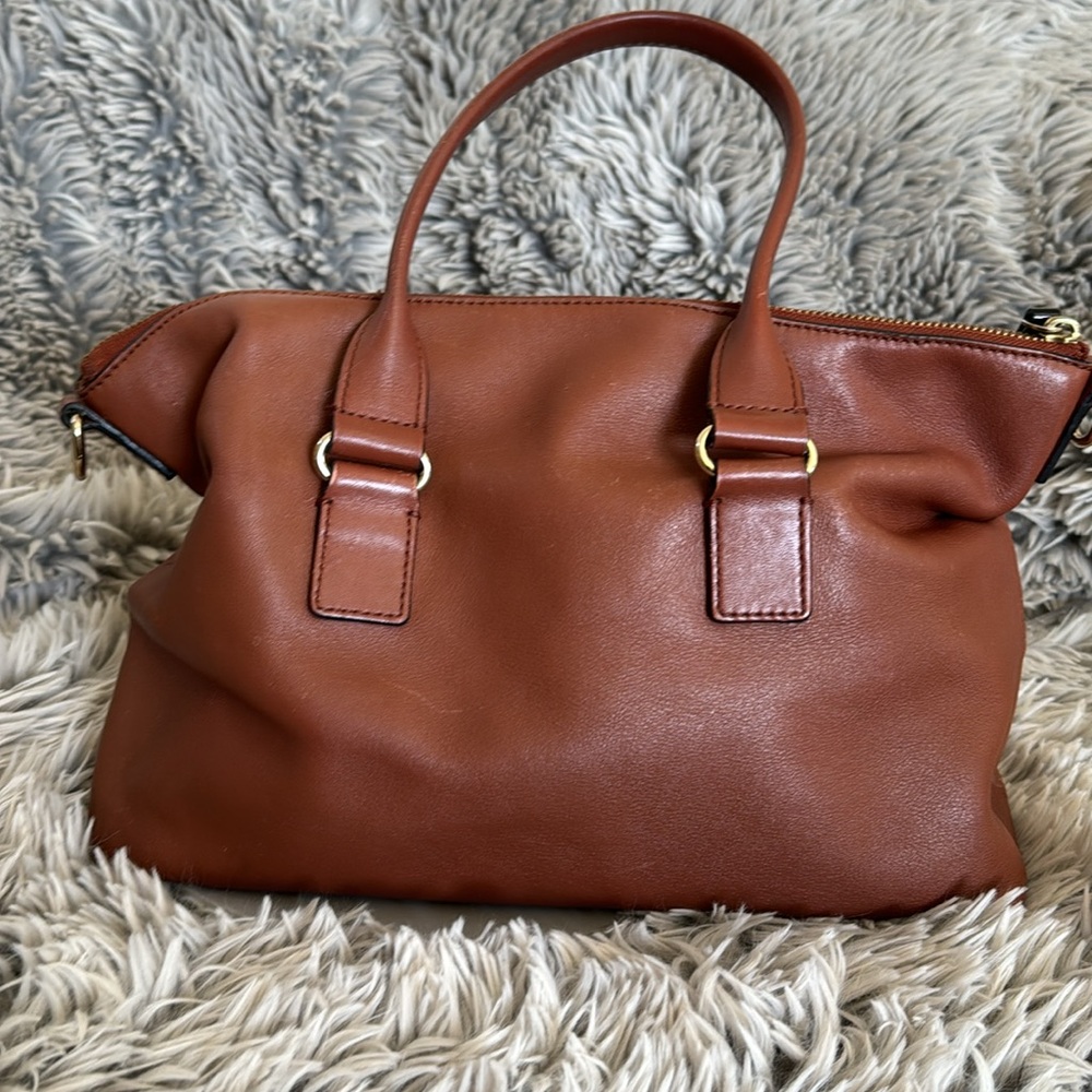 Kate Spade brown leather hand back with striped interior. - Picture 4 of 6